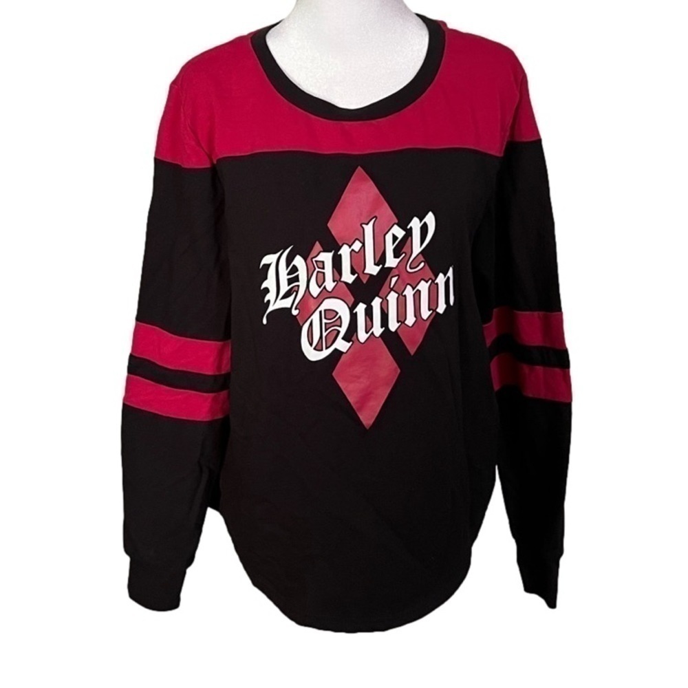 Harley Quinn DC Comics Black & Red Varsity Stripe Crewneck Sweatshirt XL
